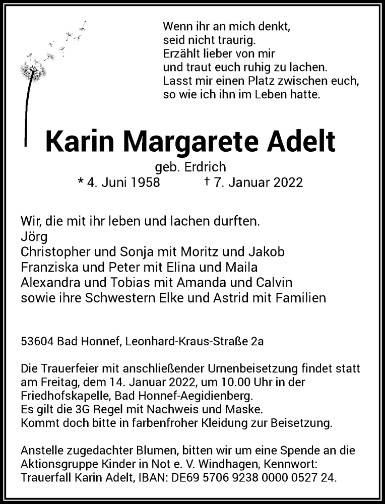  Traueranzeige für Karin Margarete Adelt vom 12.01.2022 aus General-Anzeiger Bonn