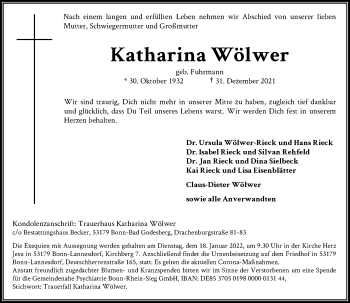 Anzeige von Katharina Wölwer von General-Anzeiger Bonn