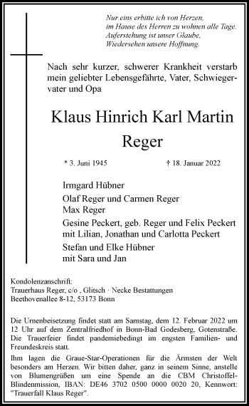 Anzeige von Klaus Reger von General-Anzeiger Bonn