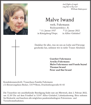 Anzeige von Malve Iwand von General-Anzeiger Bonn