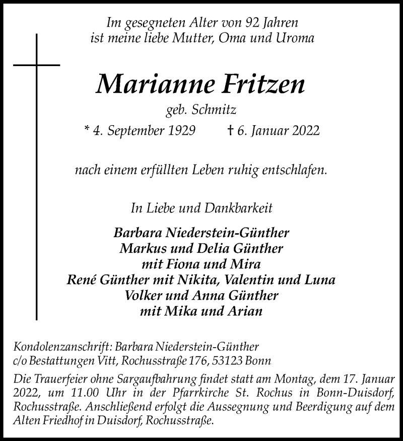  Traueranzeige für Marianne Fritzen vom 08.01.2022 aus General-Anzeiger Bonn