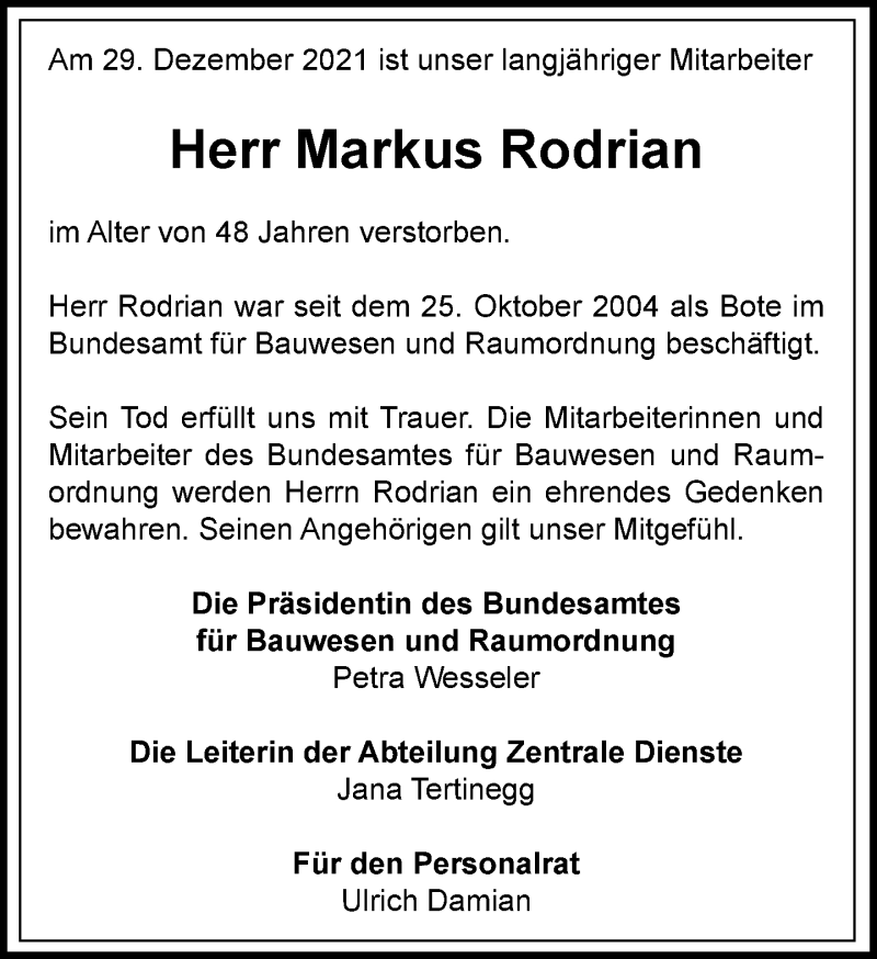  Traueranzeige für Markus Rodrian vom 14.01.2022 aus General-Anzeiger Bonn