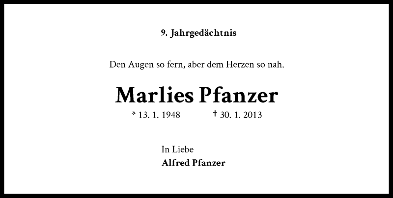  Traueranzeige für Marlies Pfanzer vom 29.01.2022 aus General-Anzeiger Bonn