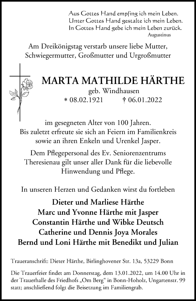  Traueranzeige für Marta Härthe vom 11.01.2022 aus General-Anzeiger Bonn