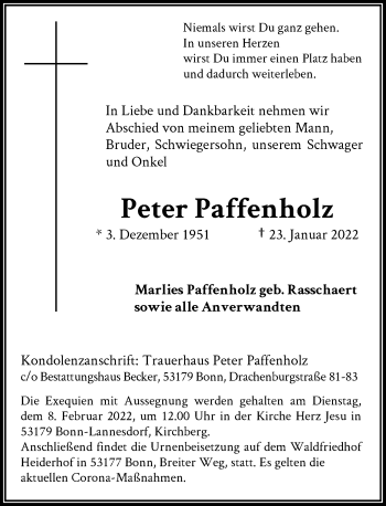 Anzeige von Peter Paffenholz von General-Anzeiger Bonn