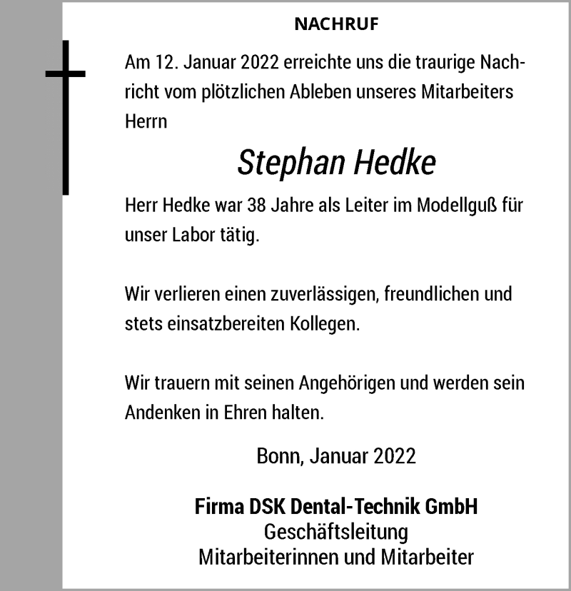  Traueranzeige für Stephan Hedke vom 15.01.2022 aus General-Anzeiger Bonn