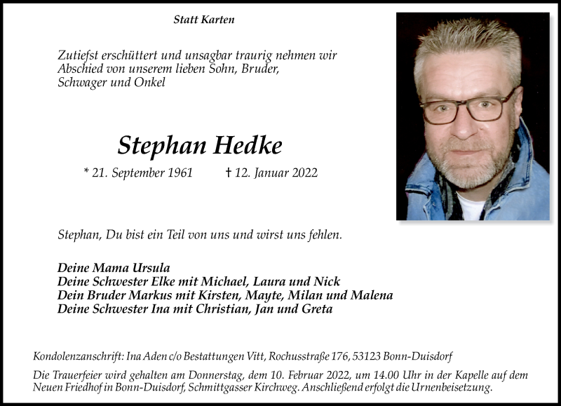  Traueranzeige für Stephan Hedke vom 29.01.2022 aus General-Anzeiger Bonn