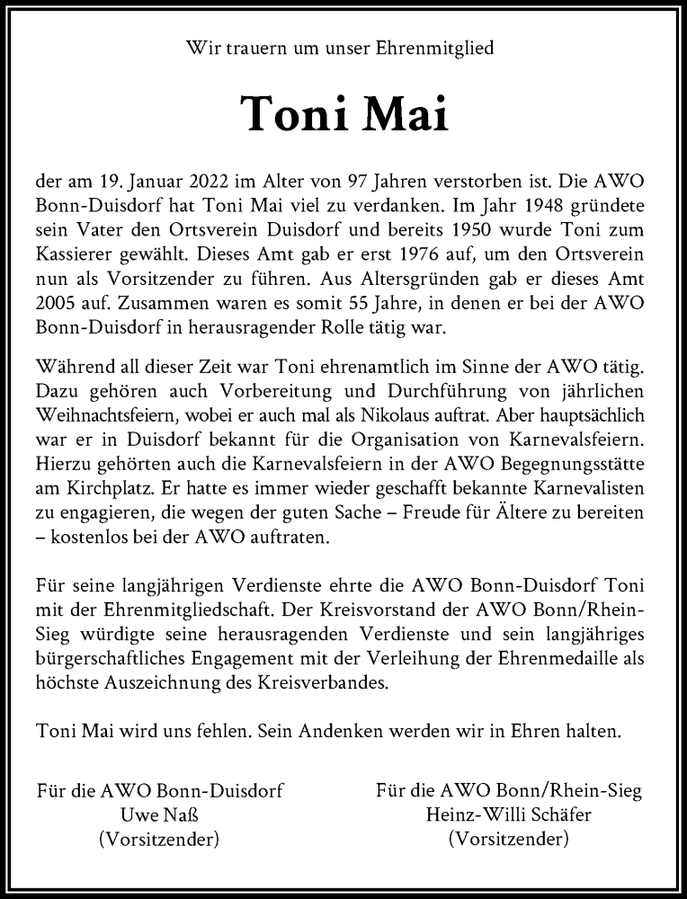  Traueranzeige für Toni Mai vom 26.01.2022 aus General-Anzeiger Bonn