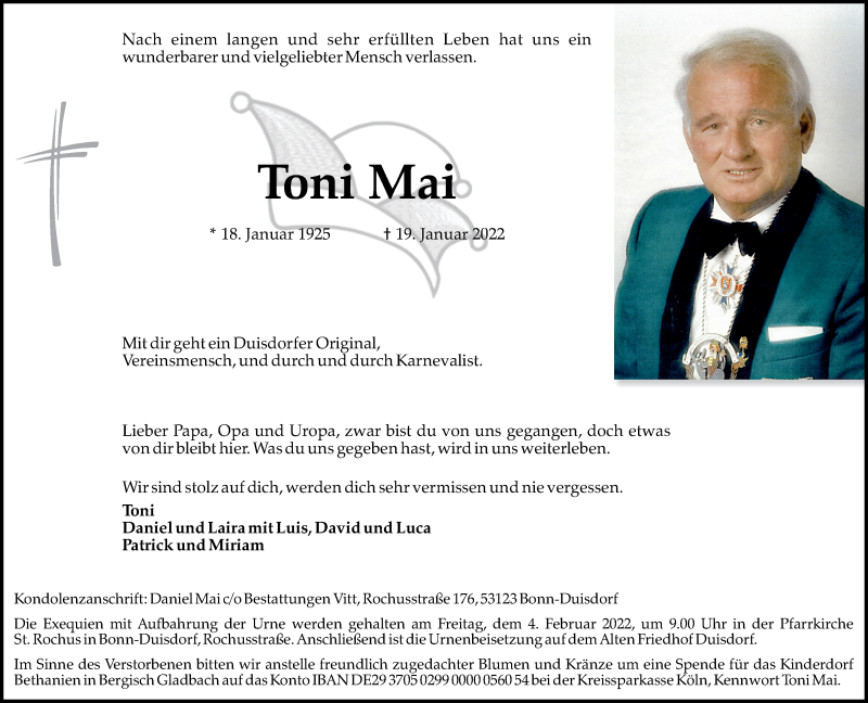  Traueranzeige für Toni Mai vom 29.01.2022 aus General-Anzeiger Bonn