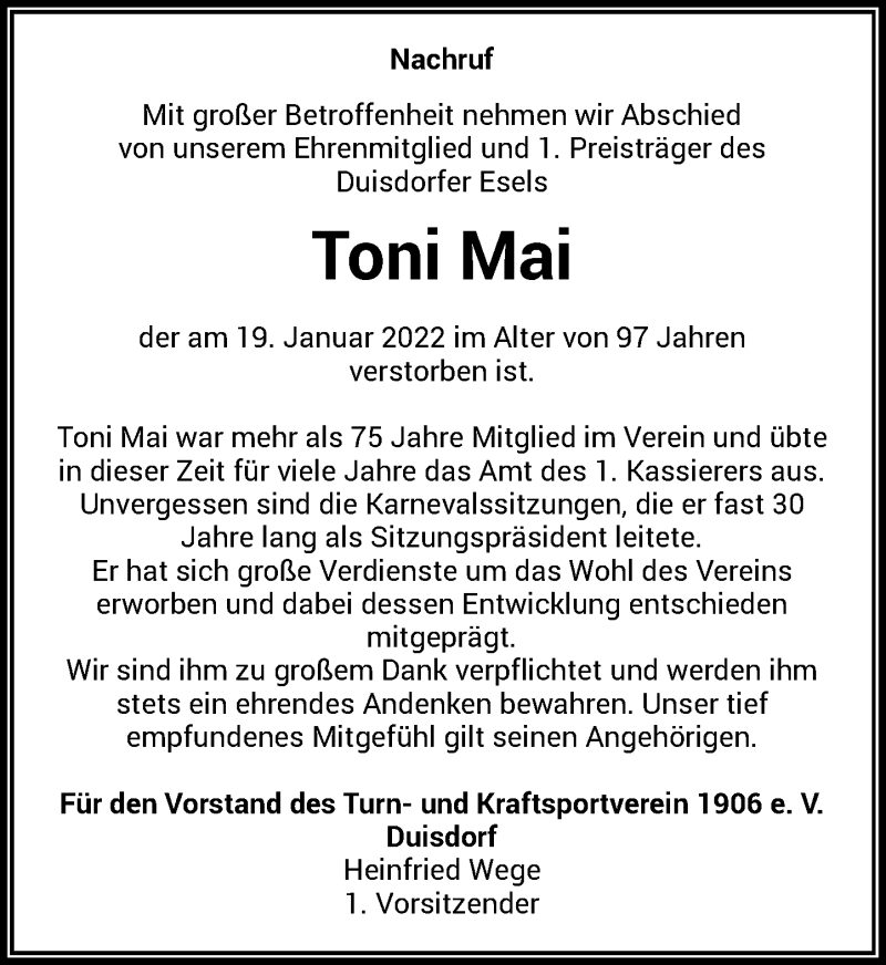  Traueranzeige für Toni Mai vom 29.01.2022 aus General-Anzeiger Bonn