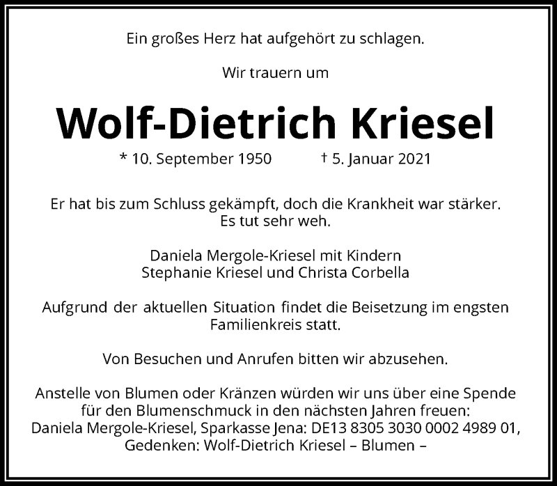  Traueranzeige für Wolf-Dietrich Kriesel vom 22.01.2022 aus General-Anzeiger Bonn
