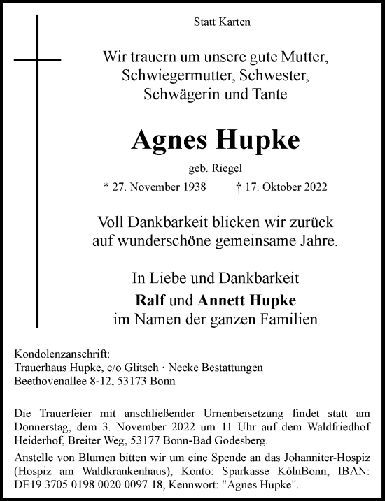 Anzeige von Agnes Hupke von General-Anzeiger Bonn