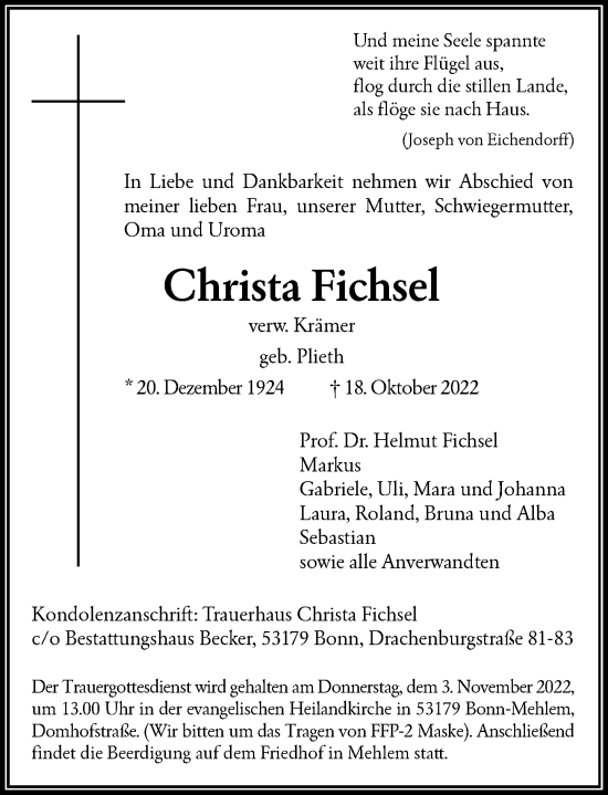 Anzeige von Christa Fichsel von General-Anzeiger Bonn