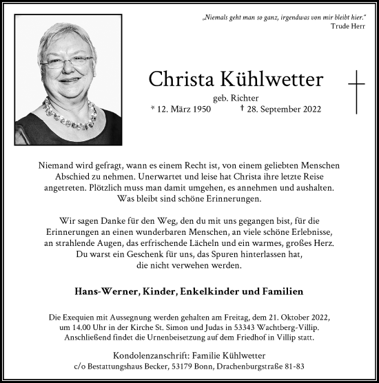 Anzeige von Christa Kühlwetter von General-Anzeiger Bonn