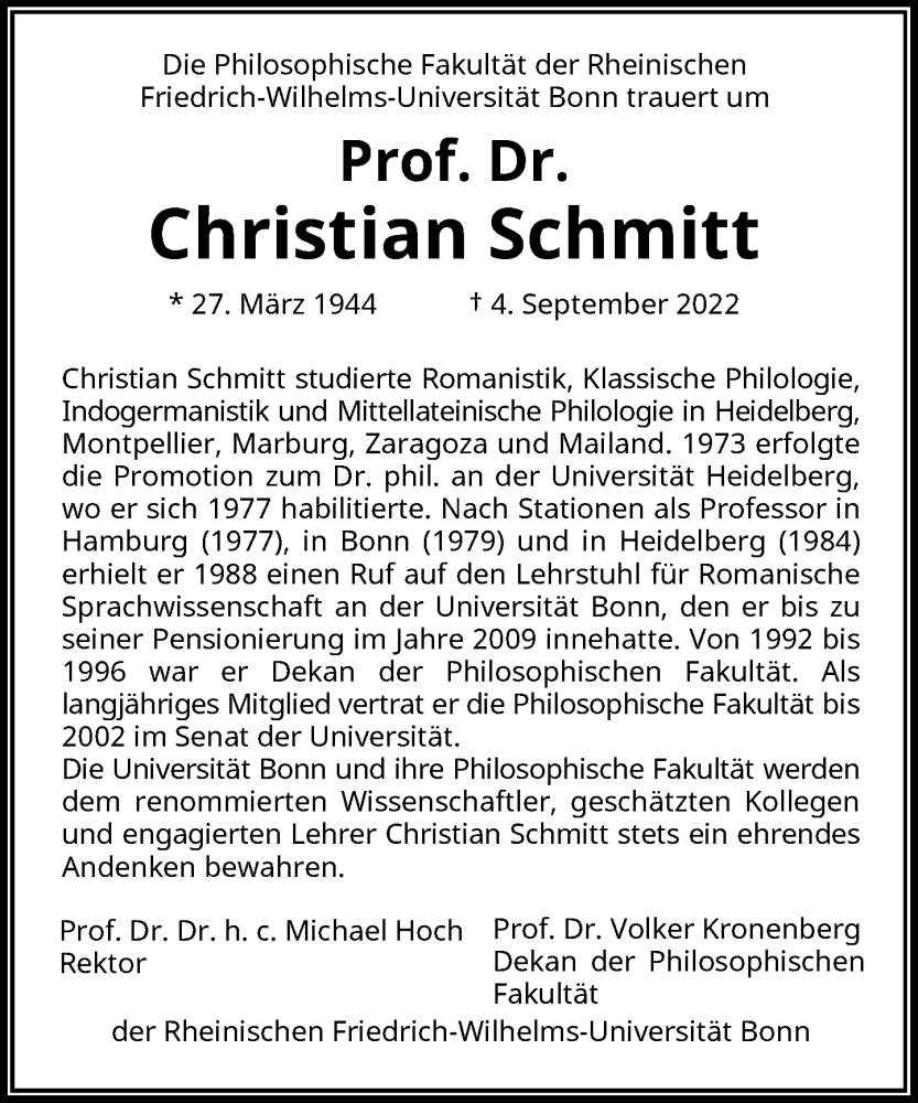  Traueranzeige für Christian Schmitt vom 01.10.2022 aus General-Anzeiger Bonn