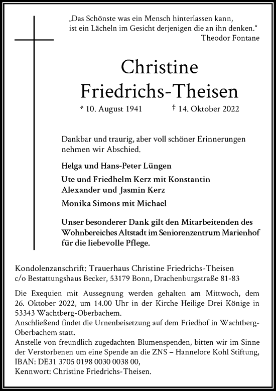Anzeige von Christine Friedrichs-Theisen von General-Anzeiger Bonn