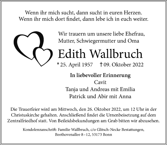 Anzeige von Edith Wallbruch von General-Anzeiger Bonn