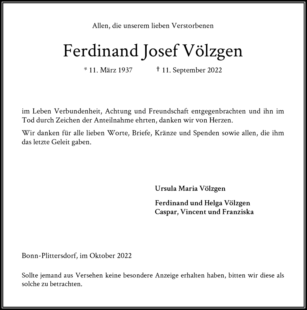  Traueranzeige für Ferdinand Josef Völzgen vom 08.10.2022 aus General-Anzeiger Bonn