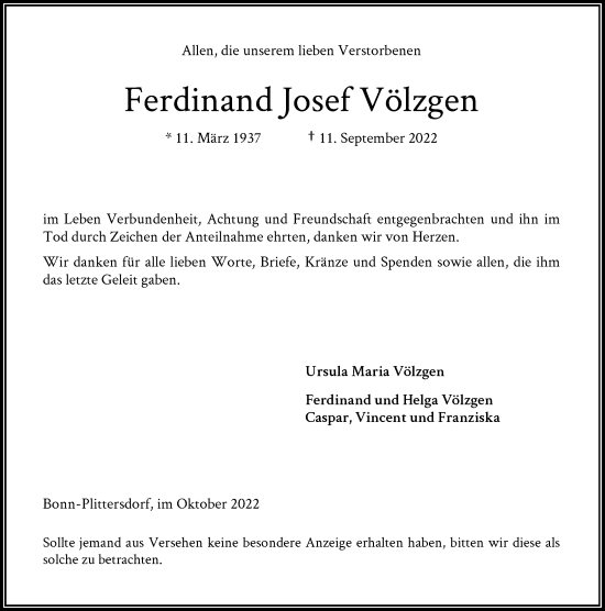 Anzeige von Ferdinand Josef Völzgen von General-Anzeiger Bonn