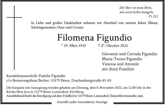 Anzeige von Filomena Figundio von General-Anzeiger Bonn