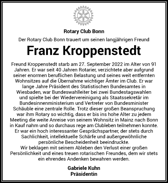 Anzeige von Franz Kroppenstedt von General-Anzeiger Bonn