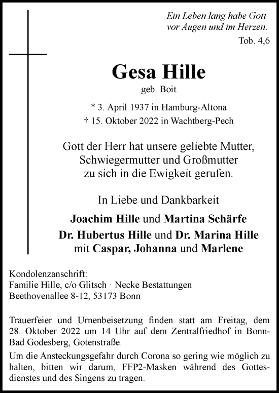 Anzeige von Gesa Hille von General-Anzeiger Bonn