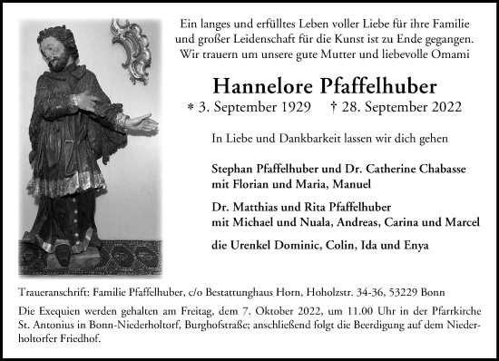 Anzeige von Hannelore Pfaffelhuber von General-Anzeiger Bonn