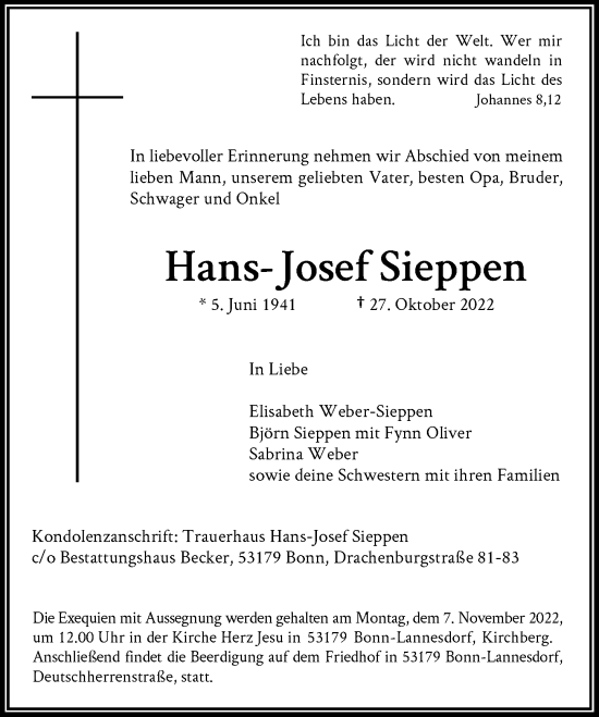 Anzeige von Hans-Josef Sieppen von General-Anzeiger Bonn
