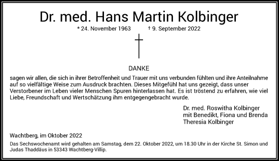 Anzeige von Hans Martin Kolbinger von General-Anzeiger Bonn
