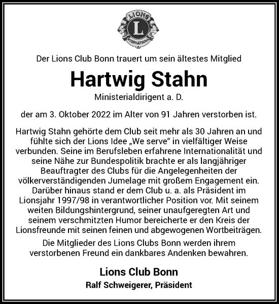 Anzeige von Hartwig Stahn von General-Anzeiger Bonn