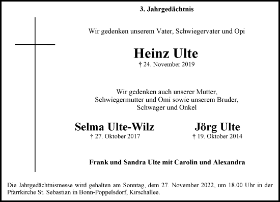 Anzeige von Heinz Ulte von General-Anzeiger Bonn