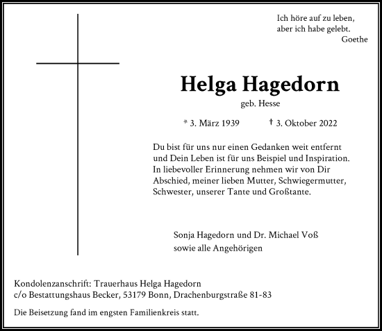 Anzeige von Helga Hagedorn von General-Anzeiger Bonn