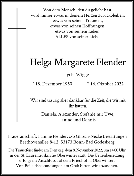 Anzeige von Helga Margarete Flender von General-Anzeiger Bonn