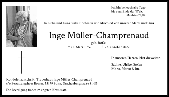 Anzeige von Inge Müller-Champrenaud von General-Anzeiger Bonn