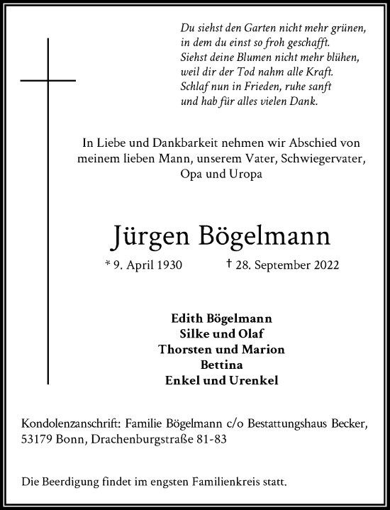 Anzeige von Jürgen Bögelmann von General-Anzeiger Bonn