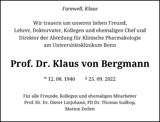 Anzeige von Klaus  von Bergmann von General-Anzeiger Bonn