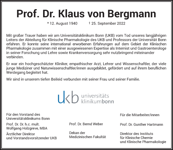 Anzeige von Klaus  von Bergmann von General-Anzeiger Bonn