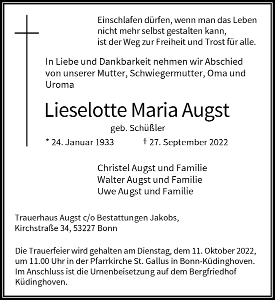 Anzeige von Lieselotte Maria Augst von General-Anzeiger Bonn