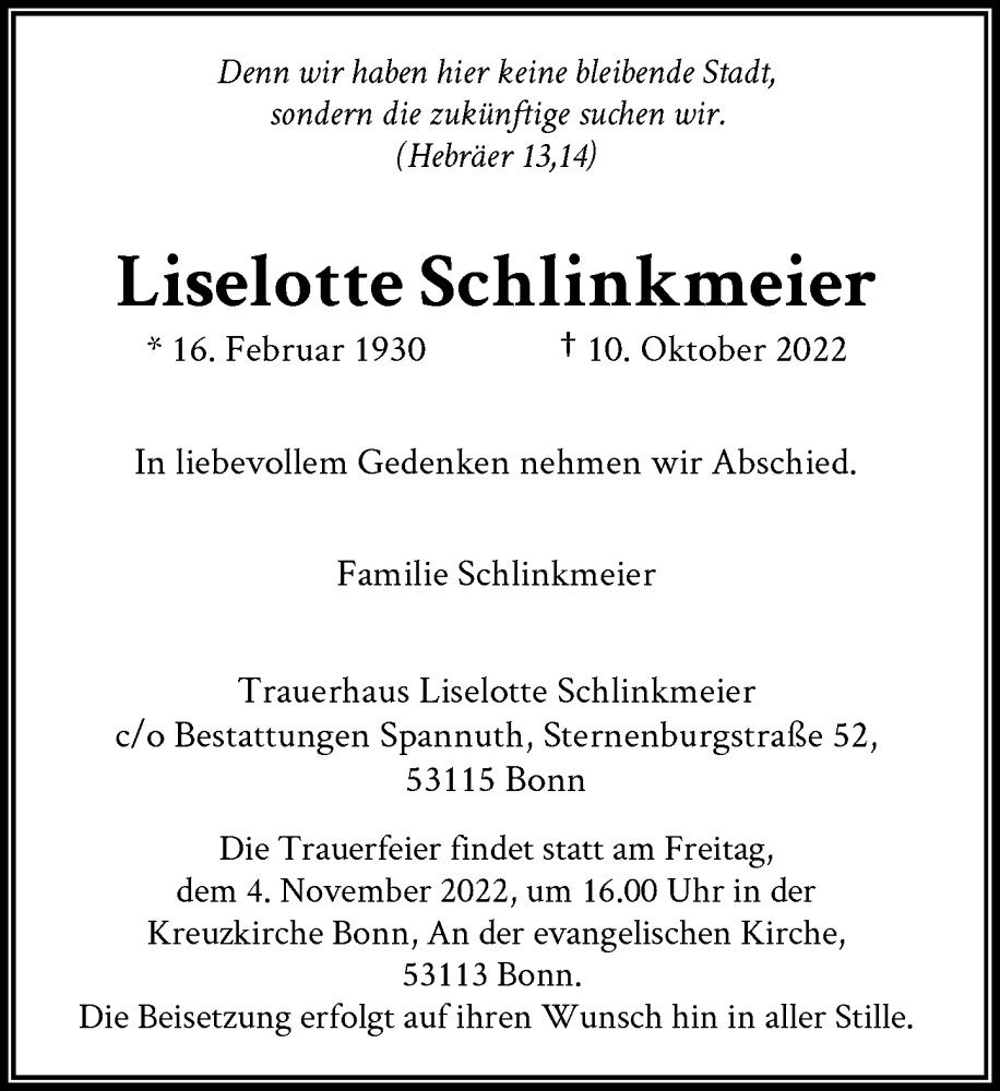  Traueranzeige für Liselotte Schlinkmeier vom 22.10.2022 aus General-Anzeiger Bonn