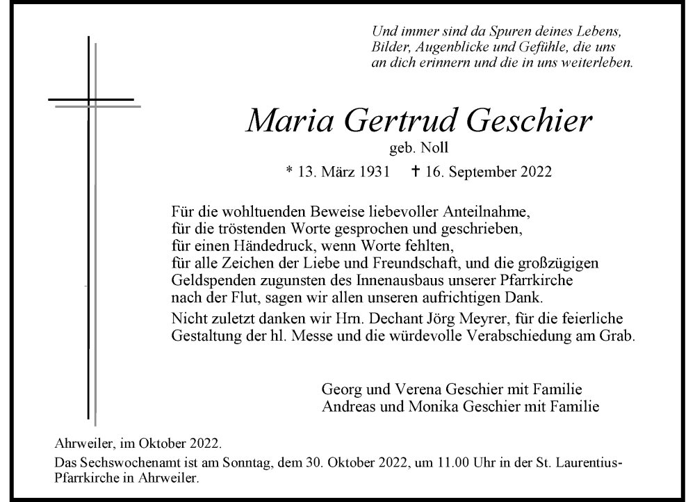  Traueranzeige für Maria Gertrud Geschier vom 21.10.2022 aus General-Anzeiger Bonn