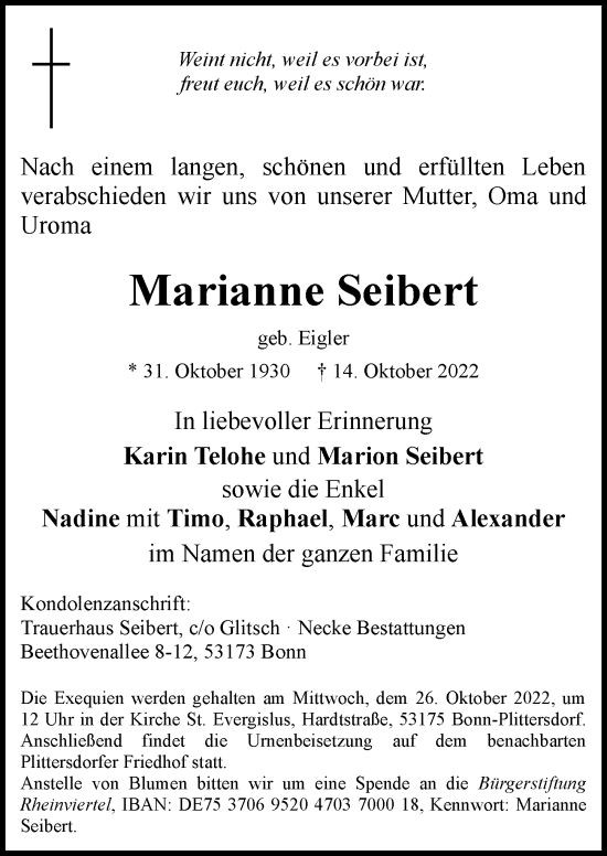 Anzeige von Marianne Seibert von General-Anzeiger Bonn