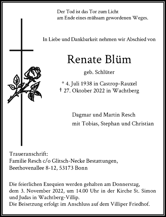 Anzeige von Renate Blüm von General-Anzeiger Bonn