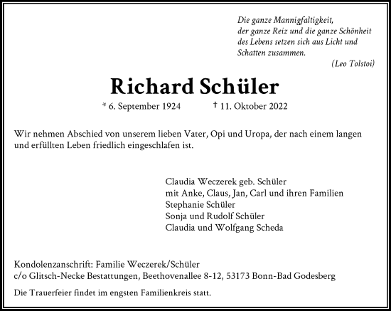 Anzeige von Richard Schüler von General-Anzeiger Bonn