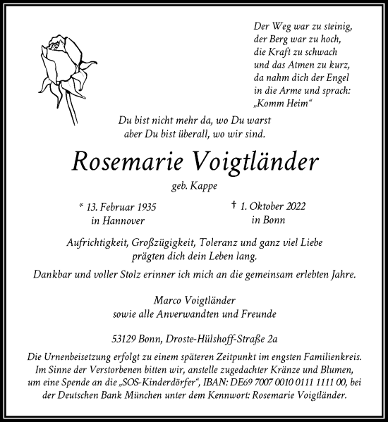 Anzeige von Rosemarie Voigtländer von General-Anzeiger Bonn