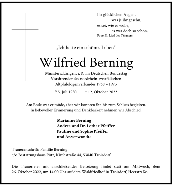 Anzeige von Wilfried Berning von General-Anzeiger Bonn