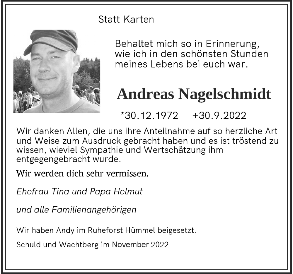  Traueranzeige für Andreas Nagelschmidt vom 22.11.2022 aus General-Anzeiger Bonn