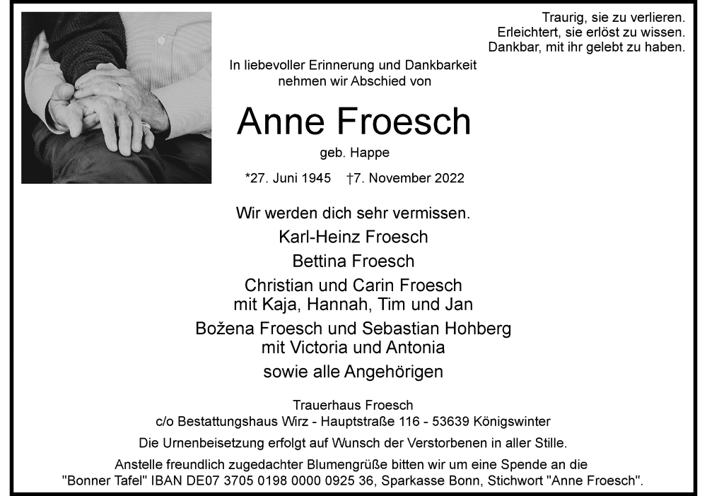  Traueranzeige für Anne Froesch vom 19.11.2022 aus General-Anzeiger Bonn