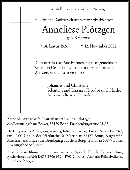 Anzeige von Anneliese Plötzgen von General-Anzeiger Bonn