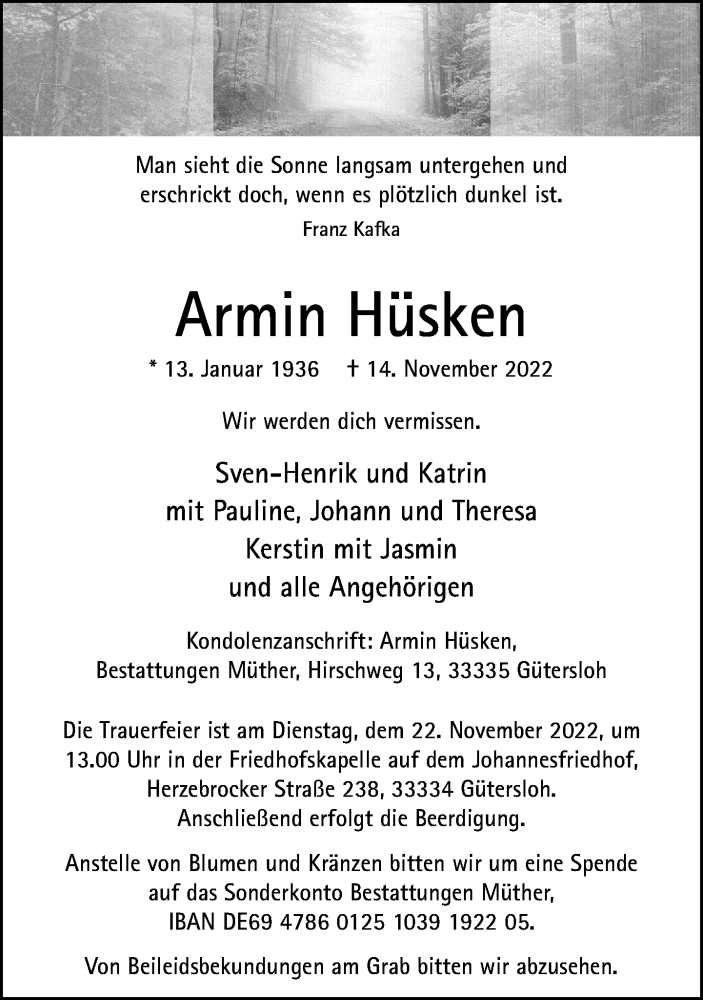  Traueranzeige für Armin Hüsken vom 19.11.2022 aus General-Anzeiger Bonn
