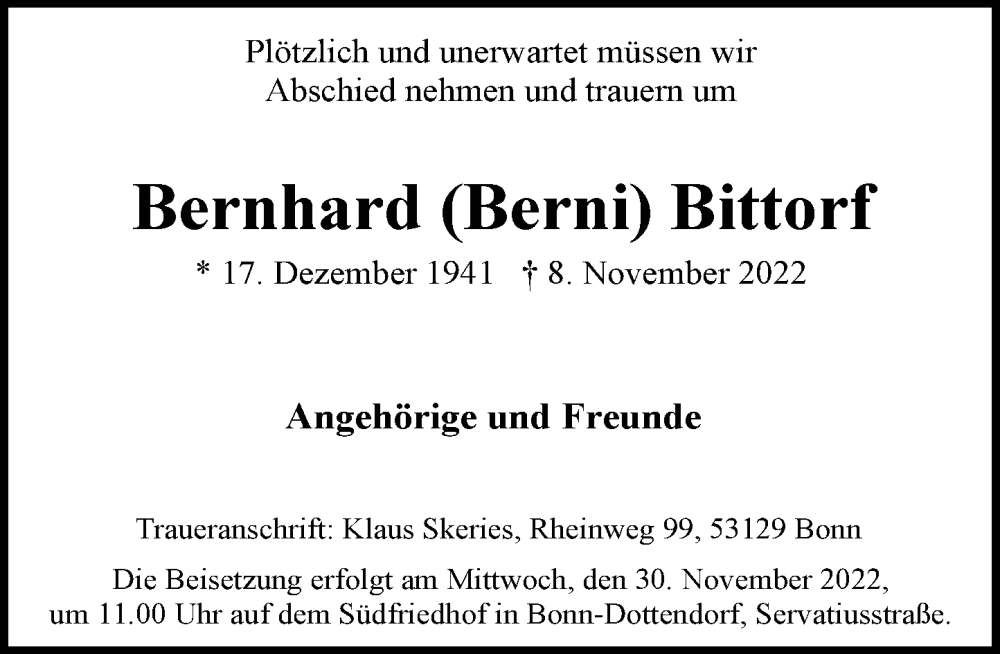  Traueranzeige für Bernhard  Bittorf vom 19.11.2022 aus General-Anzeiger Bonn